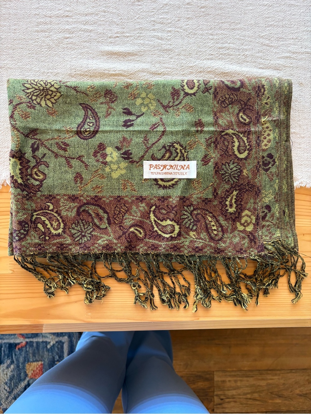pashmina Paisley Wrap Scarf - Olive Green & Chestnut